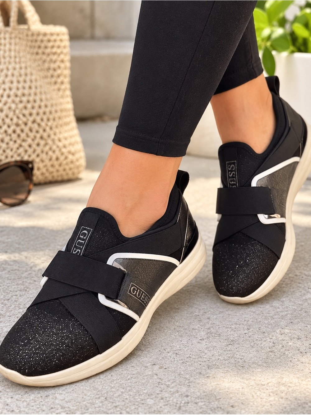 GUESS Black Glitter Slip-On Sneakers with White Trim size 8